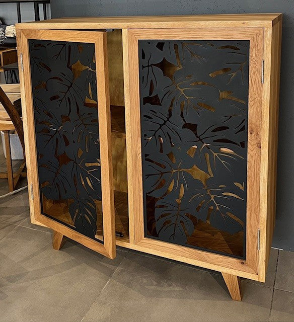 Elegant Solid Oak Double Door Cupboard, Laser-Cut Botanical Leaf Design